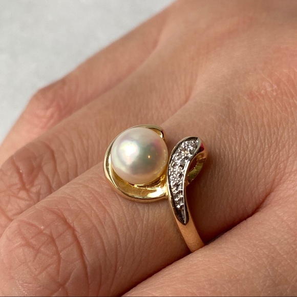 14kt YG Cultured Pearl & Diamond Ring - Picture 3 of 7